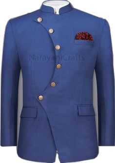 Tailored Blue Bandhgala For Festive Occasions, Blue Semi-formal Suits For Eid, Blue Semi-formal Eid Suits, Fitted Nehru Jacket For Semi-formal Diwali, Semi-formal Fitted Nehru Jacket For Diwali, Fitted Bandhgala For Diwali Semi-formal, Blue Bandhgala For Groom At Diwali, Royal Bandhgala For Eid, Royal Bandhgala For Wedding Festivities