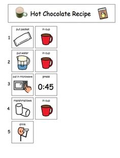 the hot chocolate recipe worksheet is filled with instructions to make it look like they are