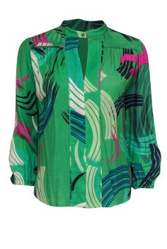 Current Boutique-The Odells - Kelly Green Peasant Blouse w/ Paint Stroke Print Sz XS Green V-neck Top With Vibrant Print, Green Graphic Print Blouse For Spring, Chic Green Tops With Abstract Print, Chic Green Blouse With Abstract Print, Green Abstract Print Tops For Spring, Green Abstract Print Top For Spring, Spring Green Tops With Abstract Print, Spring Green Top With Abstract Print, Fitted Green Blouse With Graphic Print