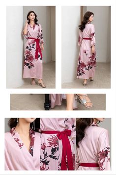 Pink Summer Flower Print Robes 2024 Summer New Style Pajamas Large Size Satin Floral Nightwear Cool Summer Home Attire Three-Quarter Sleeves Nightdress Satin Nightwear, Summer Pajamas, Printed Robe, Floral Robes, Summer Home, Pajama Party, Cool Summer, Pink Summer, Pajamas Set