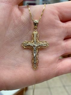 14k beautiful and unique, vine, design, two-tone, Crucifix Pendant. Material: 14k solid gold. Length: 1.5 Inches. With bail 1.75 inches. Weight: Approximately 3.3 grams. Comes in a nice box. *Chain is sold separately and available at check out. Chain is typically 1.5-3 grams depending on length chosen.* Tattoo Ideas Aesthetic, Aesthetic Cross, Dope Jewelry Accessories, Jewelry Accessories Ideas, Vine Design, Dope Jewelry, Jewelry Fashion Trends, Classy Jewelry, Jewelry Lookbook