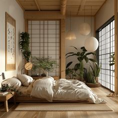 A serene Japandi bedroom that demonstrates the value of including organic accents, such as potted plants and greenery, with examples like a snake plant, succulent, or bonsai tree that purify the air and create a calming, nature-inspired ambiance Japanese Inspo Bedroom, Japanese Norwegian Interior, Japanese Small Bedroom Ideas, Japandi Small Bedroom Interior Design, Japanese Bedroom Style, Japanese Home Decor Modern, Japanese Futon Bedroom Aesthetic, Bedroom Configuration Layout, Zen Room Aesthetic