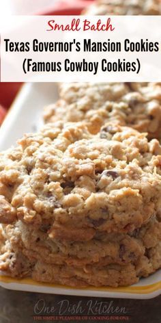 three cookies stacked on top of each other with the words small batch texas governor's mansion cookies famous cowboy cookies