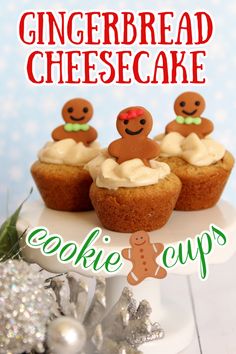 gingerbread cheesecake cupcakes on a white cake stand