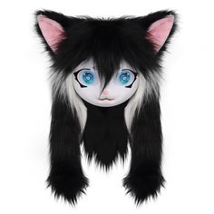 a black and white cat mask with blue eyes on it's head is shown in front of a white background