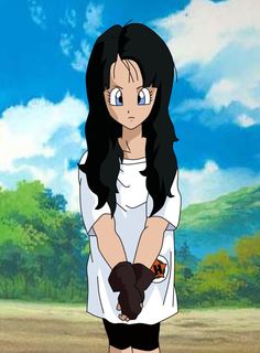 an anime character with long black hair and blue eyes is holding her hands out in front of the camera