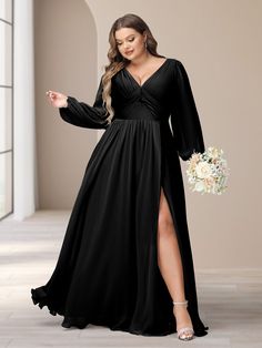 a woman in a long black dress is holding a bouquet and posing for the camera