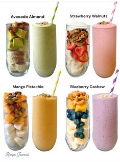 six smoothies with different toppings in them