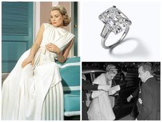 a woman in a white dress is wearing a ring with a princess cut diamond on it