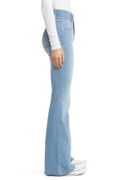 These soft and stretchy flare jeans feature a high, wide waistband with a shapewear effect that comfortably contours your natural silhouette. 34" inseam; 23" leg opening; 10 1/2" front rise; 15" back rise 51% cotton, 26% polyester, 22% rayon, 1% spandex Machine wash, tumble dry Imported Stretch High Rise Casual Flares, Casual Stretch High Rise Flares, Stretch High-rise Casual Flares, Casual Stretch High-rise Flares, Stretch High Rise Medium Wash Flares, Denim Blue Fitted Full-length Flares, Fitted Full-length Denim Blue Flares, Fitted Full Length Denim Blue Flares, High Rise Denim Flares