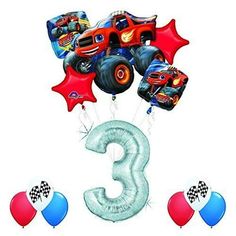 the number three balloon bouquet is decorated with monster trucks and balloons