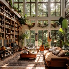 a living room filled with lots of furniture and bookshelves covered in plants on top of wooden shelves