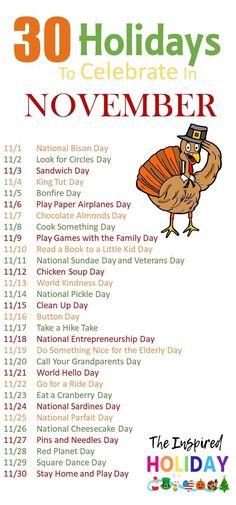 a poster with the words 30 holidays to celebrate in november and an image of a turkey