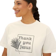 This women's boxy tee features a thankful message for Thanksgiving Day, giving off a grateful and uplifting vibe. It is perfect for women who want to express their gratitude during the holiday season. This tee is relevant to Thanksgiving Day celebrations and those who appreciate religious sentiments. Product features - 100% ring-spun cotton fabric for strong and smooth printing surface - Boxy fit with a slightly cropped seamless body - Pigment dye colors for a vintage look - Heavy fabric for durability (6.1 oz/yd²) - Sewn-in twill label for added quality Care instructions - Machine wash: cold (max 30C or 90F) - Non-chlorine: bleach as needed - Tumble dry: low heat - Iron, steam or dry: low heat - Do not dryclean Inspirational Tshirts, Thank You Jesus, Boxy Tee, Les Sentiments, Religious Gifts, Christian Shirts, Looks Vintage, Vintage Looks, Womens Clothing Tops