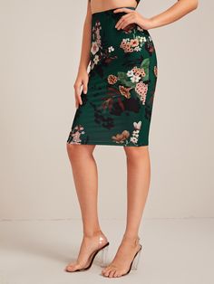 Dark Green Elegant   Polyester Floral Pencil Embellished Slight Stretch Spring/Summer Women Bottoms Floral Pencil Skirt, Spring Skirts, Womens Pencil Skirts, Printed Pencil Skirt, Floral Print Skirt, Midi Skirt Pencil, Plus Size Kleidung, Body Con Skirt, Casual Skirt