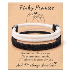 two white and black rope bracelets with the words pinky promise