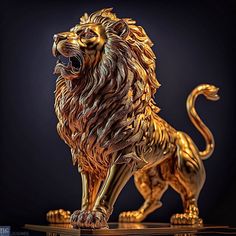 a golden lion figurine sitting on top of a wooden table next to a black background