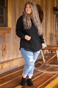 Our ALL NEW Slouchy is here!!! This black cableknit tunic has a flattering CURVED hem, our signature dolman sleeves and long loose fit! This tunic is going to be your new go-to piece for the Fall and Winter or any time of year, really! It is seriously the softest material ever, and the neutral color makes it SO easy to style! Pair it with leggings, skinnies, booties, flats, a scarf, some glam accessories...seriously the opportunities are endless!! This comfy, cute beauty is a no-brainer!! 97% Po Plus Size Leggings And Flannel, Plus Size Flannel Tunic, Plus Size Fall Clothing 2022, Plus Size Leggings Dress, Plus Size Top And Leggings, Plus Size Tops Fall, Iutfits With Boots Plus Size, Tunics With Leggings Plus Size, Amazon Plus Size Clothing Fall