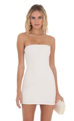 Strapless Bodycon Dress in White | LUCY IN THE SKY White Crepe Party Dress, Fitted White Crepe Dress, Fitted Crepe Mini Dress For Summer, Fitted Summer Crepe Mini Dress, Chic Fitted Crepe Mini Dress, Fitted Crepe Mini Dress, Chic Crepe Mini Dress For Summer, Chic Summer Crepe Mini Dress, Summer Crepe Mini Dress