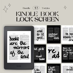 the kindle book lock screen is open and has black lettering on it, along with several