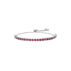 Featuring round-cut, lab-created ruby stones and S links, this adjustable lariat bracelet exudes a radiant look. Click on this JEWELRY & WATCHES GUIDE to learn about fit, styles, materials and more!BRACELET DETAILS Length: adjusts to 9 in. Metal: sterling silver Plating: rhodium STONE DETAILS Stone type: lab-created ruby Total weight: 4 ct. Shape: round Setting: prong Gemstones may have been treated to enhance their appearance. Special care may be required. Size: 9". Gender: female. Age Group: a Adjustable Ruby Bracelet For Formal Occasions, Adjustable Ruby Bracelets For Formal Occasions, Formal Adjustable Ruby Bracelets, Adjustable Ruby Gemstone Bracelet, Adjustable Elegant Ruby Bracelet, Adjustable Gemstone Tennis Bracelet, Adjustable Gemstone Chain Bracelet With Round Shape, Adjustable Round Gemstone Chain Bracelet, Adjustable Gemstone Chain Bracelet