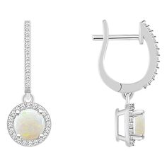 Top Choice Gems 6mm Opal and Diamond Hugger Hoop Dangle Earrings A striking addition to any fine-jewelry wardrobe, this sterling silver earring showcases a diamond-haloed opal that dangles from a diamond-accented hoop.         Each approx. 1"L x 3/8"W      Stamped .925; sterling silver; rhodium plating     Pierced with hugger-style leverbacks    Stone Information       All sizes and weights approximate     Opal; Round (6x6mm)     Diamond: Round; 0.32ct; GH color, I2-I3 clarity Sterling Silver Halo Hoop Earrings, White Round Cut Huggie Earrings In Sterling Silver, White Round Cut Sterling Silver Huggie Earrings, White Sterling Silver Huggie Earrings Fine Jewelry, Fine Jewelry Dangle Hoop Earrings With Halo Design, Sterling Silver Hoop Earrings With Halo Design, Sterling Silver Round Cut Hoop Earrings With Halo Design, White Gold Dangle Earrings With Halo, White Gold Halo Dangle Earrings