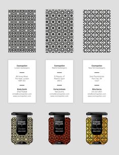 six business cards with different designs and colors, each featuring an image of the same pattern