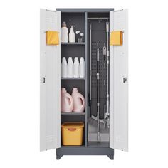 a large gray locker with yellow towels and cleaning supplies on it's shelves,