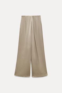 WIDE LEG SATIN PANTS - Stone | ZARA United States Versatile Straight Leg Pants With Wide Waistband, Versatile Beige Straight Pants, Versatile Trousers With Elastic Waistband, Zara Trousers With Elastic Waistband, Versatile Workwear Bottoms With Wide Waistband, Chic Wide-leg Pants With Belt Loops, Versatile Bottoms With Wide Waistband For Work, Versatile Pants With Wide Waistband For Fall, Chic Pull-on Style Long Bottoms