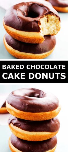 two pictures of chocolate covered doughnuts and one has a bite taken out of it