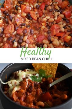 a bowl filled with beans and salsa next to tortilla chips