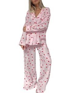 PRICES MAY VARY. 【Valentine's Day Pajamas Material】These 2pcs pajama sets are made of 100% cotton,Soft and skin-friendly material meets all your expectations for physical comfort. 【Pajamas for Teen Girls Features】Long sleeve pajamas for women, button down shirt matching long pajama pant with heart pattern, basic womens loungewear set, also can be valentines pajamas. 【Womens Loungewear Set Occasion】Women’s 2 piece outfit valentines day pajamas, suitable for home, casual, valentine's day, daily, p Cheap Letter Print Sleepwear For Lounging, Amazon Pajama Sets, Women’s Pajama Sets, Women’s Pajamas, Valentines Day Pajamas, Valentines Pajamas, Matching Pj Set, Women Button Down Shirt