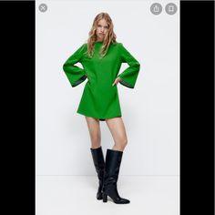 Zara Blogger Bell Sleeve Dress Green A-line Mini Dress For Spring, Winter A-line Mini Dress For Date Night, Green A-line Mini Dress For Casual Occasions, Green A-line Long Sleeve Dress For Spring, Green Long Sleeve Cocktail Mini Dress, Chic Long Sleeve Lined Mini Dress, Green A-line Mini Dress For Date Night, A-line Mini Dress For Fall Cocktail, A-line Mini Dress For Fall Night Out