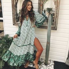 Boho Gypsy Maxi Dress Gown Kimono Green New White Floor-length Dress For Day Out, Long Dresses For Garden Party, Spring Floor-length Boho Dress, Long Boho Print Dresses For Spring, Long Spring Dresses With Boho Print, White Long Sleeve Summer Maxi Dress, White Floor-length Boho Dress For Vacation, White Boho Print Dress For Vacation, Green Bohemian Boho Dress For Brunch