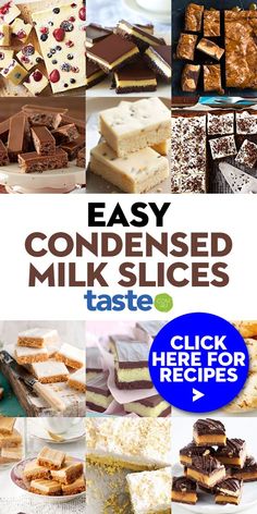 a collage of different desserts with the words easy condensed milk slices