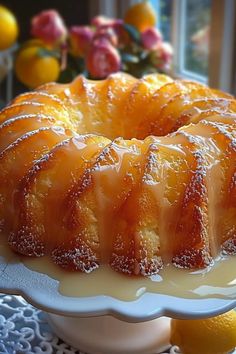 a bundt cake on a plate with lemons in the background