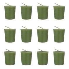 twelve green cups with straws in them