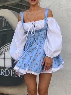 Printed Off-shoulder Lantern Sleeve Flare Mini Dress Y2k Girls, Birthday Outfit For Women, French Dress, Flare Mini Dress, Suspender Dress, Summer Party Dress, Daily Dress, Two Piece Dress, Mini Dress With Sleeves