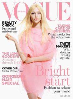 a magazine cover with a blonde woman in a pink dress and heels on the cover