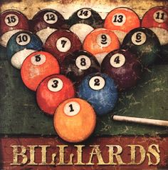 billiards poster with pool balls and cues