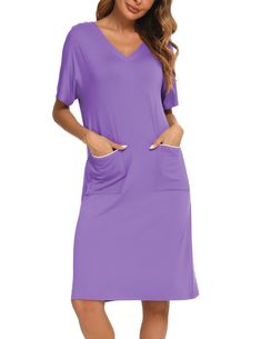 PRICES MAY VARY. Material: Made of 95% Viscose, 5% Spandex. Soft cozy, lightweight and flexible. Suitable for a relaxed home life Features: Loose and comfy v-neck short sleeve, high stretch satin trim pockets. This pajama dress is not only breathable, but also soft and silky. Perfect for day relaxing, lounging sleep or home bedroom. Style:Classic mid-length design, perfect to keep cool. Decorated with two forged edge pockets, simple yet elegant. The well-made high-quality nightgowns are suitable Sleepwear With Pockets, Summer Solid Color Nightgown For Loungewear, Spring Sleepwear With Pockets, Summer Sleepwear With Pockets For Relaxation, Relaxed Fit Short Sleeve Bedtime Dress, Solid Color Relaxed Fit Dresses For Loungewear, Comfortable Long Sleeve Sleep Dresses, Solid Color Spring Sleepwear For Sleepover, Stretch Dresses For Relaxation