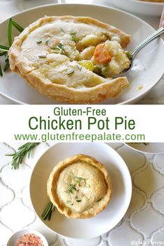 chicken pot pie on a white plate with a fork in the middle and another dish next to it