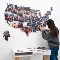 a woman standing in front of a map of the united states with pictures on it