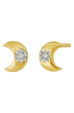 Mini crescent moons bring lunar shape to these handcrafted stud earrings detailed with star-like diamonds. Total diamond weight: 0.01ct. Color: G Clarity: VS 18k gold/diamond Imported >Diamond Guide 14k Gold Crescent Earrings For Anniversary, Celestial Earrings With Diamond Accents For Anniversary, Elegant Moon Shaped Earrings With Sun And Moon Design, Celestial Diamond Earrings With Diamond Accents, Elegant Yellow Gold Moon Phase Earrings, Celestial Gold Earrings With Diamond Accents, Moon Shaped Yellow Gold Plated Earrings, Celestial Crescent 14k Gold Earrings, Gold Celestial Earrings With Diamond Accents