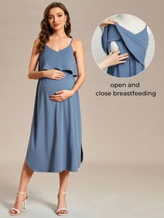 Stay comfortable and stylish during your pregnancy with our Airy A-Line Maternity Dress. Featuring adjustable spaghetti straps, this knee-length dress is designed for both comfort and fashion. The A-line silhouette allows for plenty of movement, while the lightweight and breathable fabric keeps you cool. Perfect for both casual and semi-formal occasions, this maternity dress will become a staple in your wardrobe. Get yours today and enjoy the perfect combination of style and comfort. Skater Maternity Dress, Nursing Dress For Wedding Tiffany Rose Maternity, Pregnancy Summer Dresses, Curvy Maternity Fashion, Summer Maternity Clothes, Styles For Pregnant Women, Feeding Kurtis, Breastfeeding Dresses, Stylish Maternity Wear