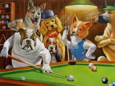 a painting of dogs playing pool and drinking beer in a bar with three other dogs