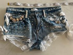 This listing is for custom shorts. Please send me a message after purchase with details and sizing.  Note: Custom orders can take 1-2 weeks to complete Customized Shorts, Shorts Y2k, Low Waisted Shorts, Denim Shorts With Lace, Y2k Bottoms With Built-in Shorts For Summer, Y2k Bottoms With Built-in Shorts, Y2k Fitted Denim Shorts, Y2k Denim Bottoms With Built-in Shorts, Low Rise Shorts