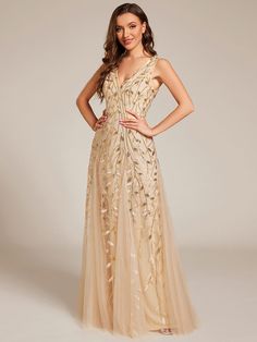 V-Neck Leaf Sequin Sleeveless A-Line Formal Evening Dress with Tulle #color_Gold Elegant Sleeveless V-neck Dress For Gala, Glamorous V-neck Sleeveless Prom Dress, Champagne Sleeveless Evening Dress For Gala, Elegant V-neck Tulle Dress, Sleeveless Tulle Evening Dress For Prom Season, Sleeveless V-neck Evening Dress For Prom, Elegant Sleeveless Midi Dress For Gala, Sleeveless V-neck Dress For Evening Prom, Sleeveless V-neck Dress For Prom Season