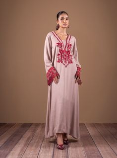 Fiery Caramel Festive V-neck Kaftan With Intricate Embroidery, Designer Embroidered V-neck Kaftan, Red Resham Embroidery Floor-length Kaftan, Red Embroidered Long Sleeve Kaftan, Maroon Embroidery, Luxury Embroidered V-neck Kaftan, Velvet Formal Dress, Zainab Chottani, Silk Outfits