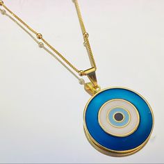 Measurement: - Pendant Width: 26mm - Bead Width: 2.5mm - Chain Length: 18” - Closure: Spring Ring Nickel-free Blue Metal Charm Necklaces, Blue Long Necklace With Adjustable Chain, Nickel-free Blue Circular Jewelry, Blue Metal Jewelry, Blue Metal Necklace With Evil Eye, Metal Evil Eye Necklace With Round Shape, Blue Metal Charm Necklace With Round Pendant, Evil Eye Metal Necklace With Round Shape, Evil Eye Round Metal Necklace